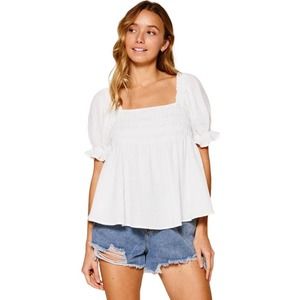 Ces Femme white Cotton gauze ruched babydoll Poplin Top size M Square neck